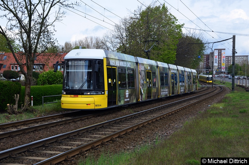 9018 als Linie 16 zwischen den Haltestellen Landsberger Allee/Rhinstr. und Dingelstädter Str. Bild: 9018 als Linie 16 zwischen den Haltestellen Landsberger Allee/Rhinstr. und Dingelstädter Str.