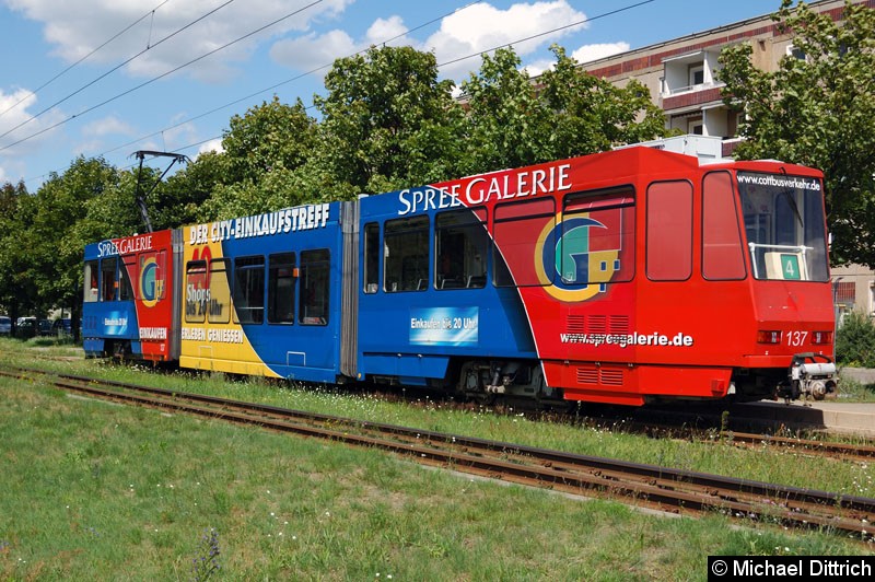 Bild: 137 als Linie 4 in Neu Schmellwitz an der Ankunftshaltestelle.