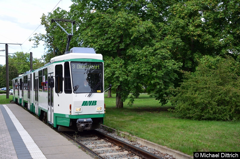 Feierabend! 1288 und 1289 verlassen als Dienstfahrt den Herrenkrug.
Die Fans mussten mit den Regelzügen in die Stadt fahren. Bild: Feierabend! 1288 und 1289 verlassen als Dienstfahrt den Herrenkrug.
Die Fans mussten mit den Regelzügen in die Stadt fahren.