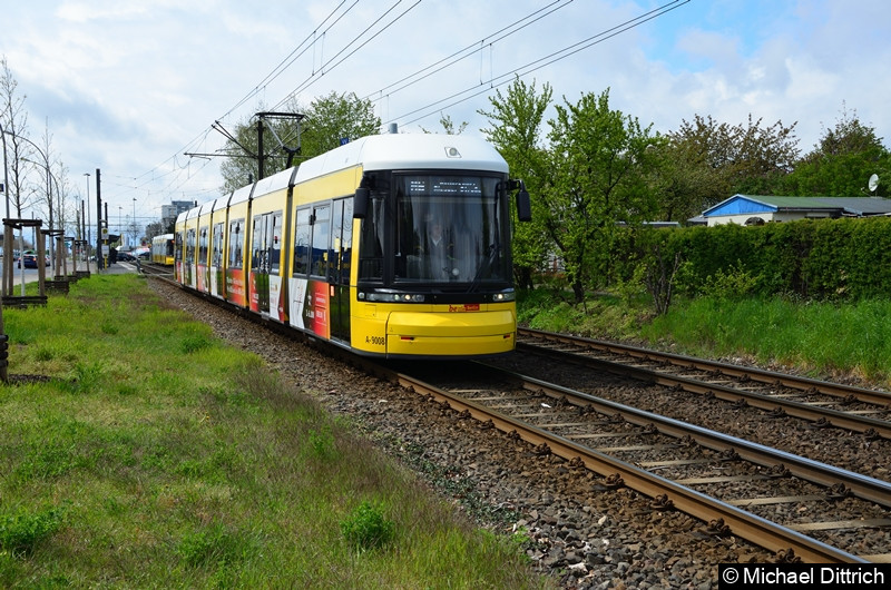 9008 als Linie M6 zwischen den Haltestellen Landsberger Allee/Rhinstr. und Dingelstädter Str. Bild: 9008 als Linie M6 zwischen den Haltestellen Landsberger Allee/Rhinstr. und Dingelstädter Str.