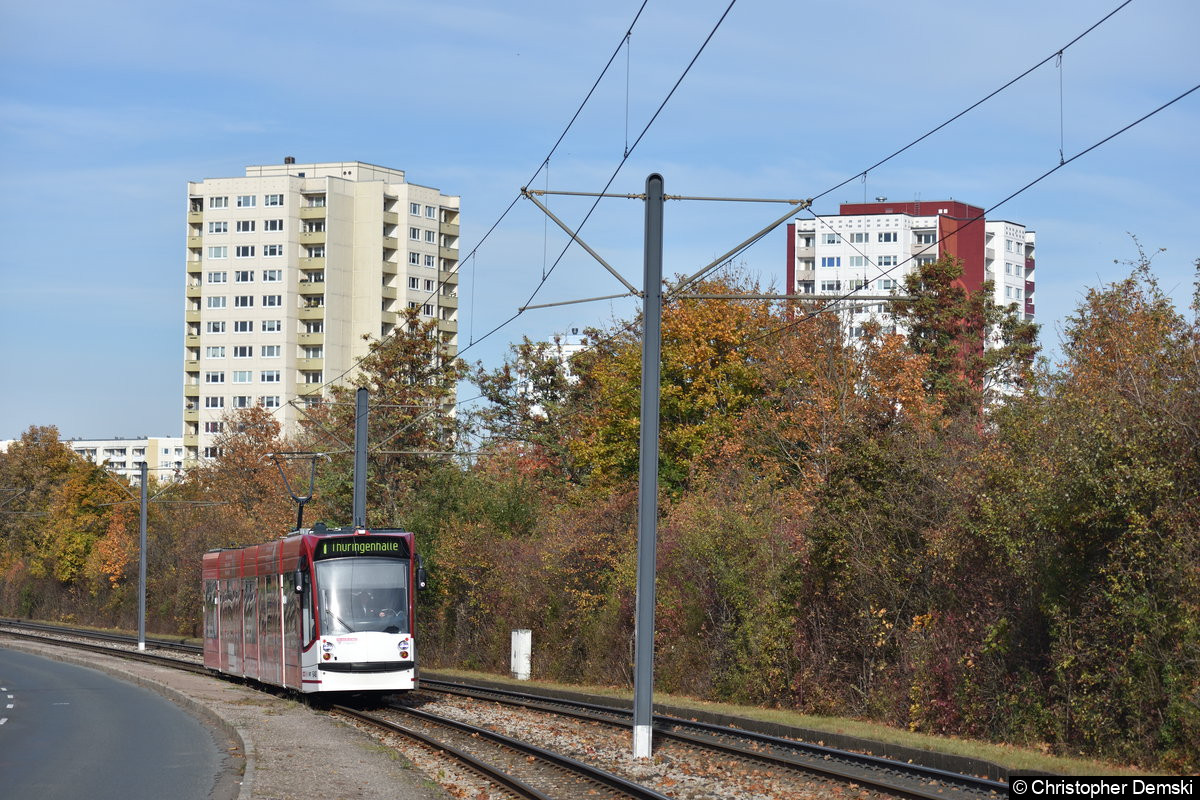 Bild: TW 648 als Linie 1 auf der Nordhäuser Straße, kurz vor der Haltestelle Warschauer Straße.
