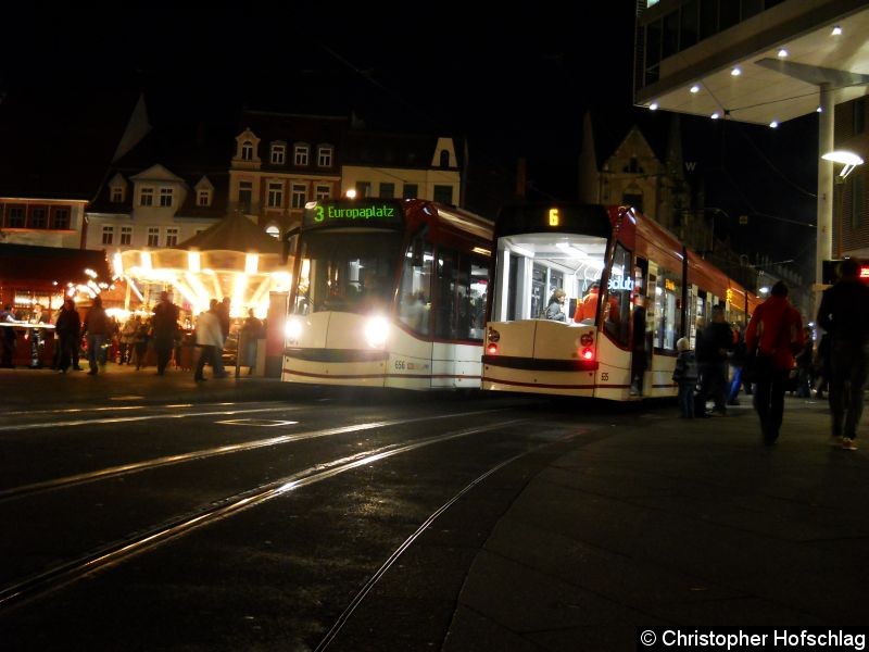 TW 656+709 auf der Linie 3 und TW 635 auf der Linie 6 Richtung Steigerstraße. Bild: TW 656+709 auf der Linie 3 und TW 635 auf der Linie 6 Richtung Steigerstraße.