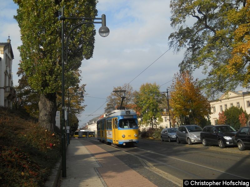 Bild: TW 442 auf der Linie 2 an der Haltestelle Bahnhofstraße.