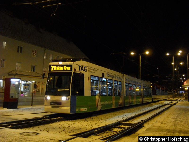 Bild: TW 611+610 als Linie 3 an der Haltestelle Klinikum .