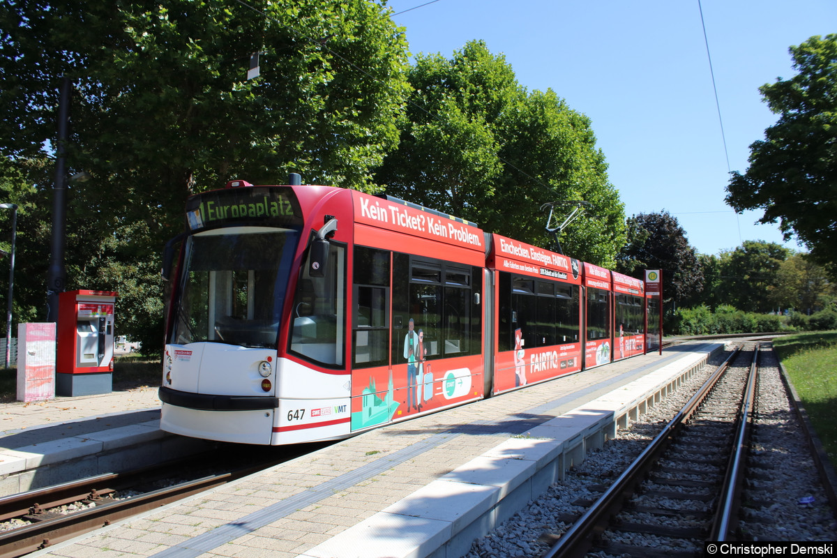 Tw 647 als Linie 1 an der Thüringenhalle.