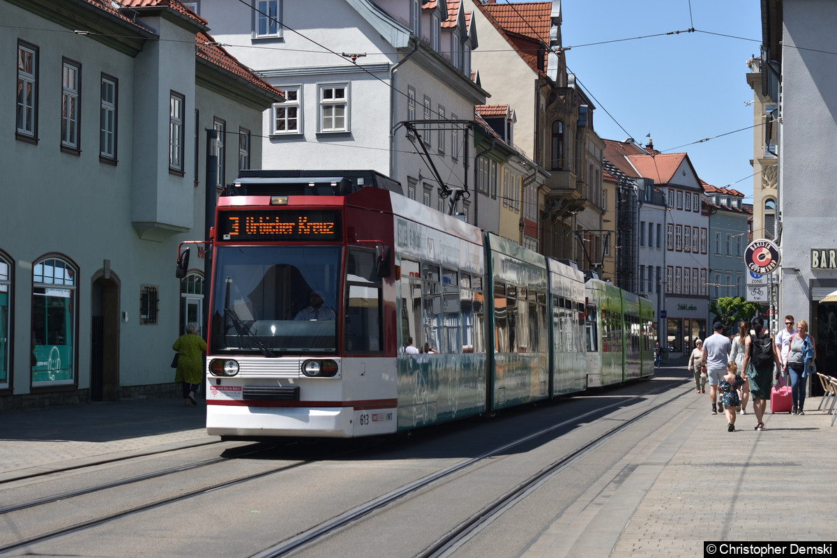 Bild: TW 613+616 als Linie 3 auf der Schlösserbrücke in Richtung Urbicher Kreuz.