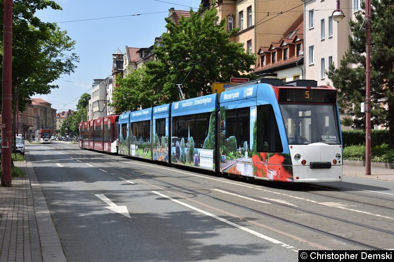 Bild: TW 649+625 als Linie 5 in Richtung Thüringenhalle kurz vor der Haltestelle Kaffeetrichter.