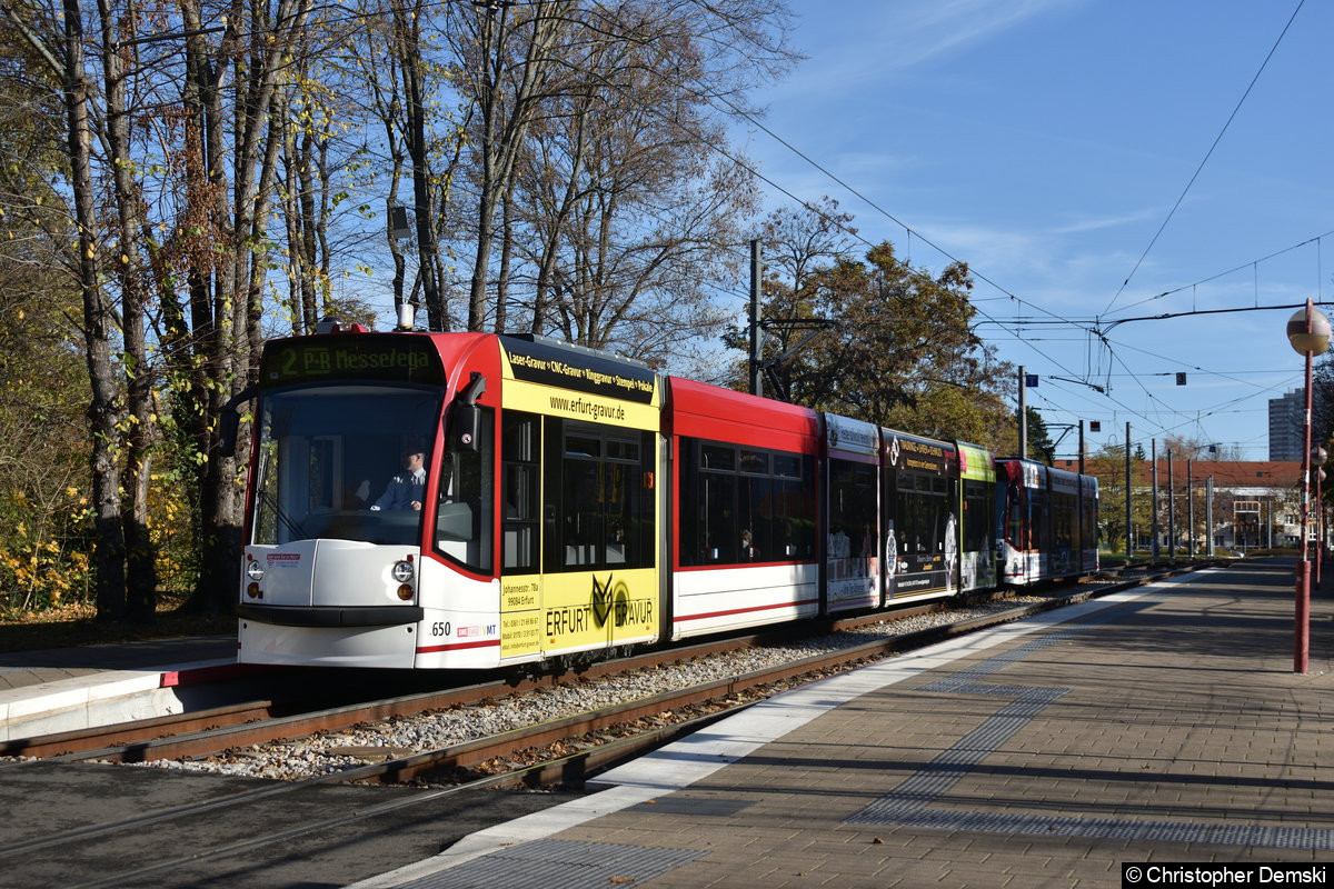 Bild: TW 650+704 als Linie 2 an der Haltestelle Stadion Ost.