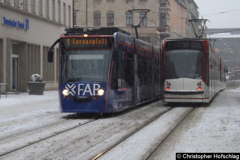 Combino Basic 626 als Linie 1 in Richtung Europaplatz über Lutherkriche/SWE in der Bahnhofstraße. Bild: Combino Basic 626 als Linie 1 in Richtung Europaplatz über Lutherkriche/SWE in der Bahnhofstraße.