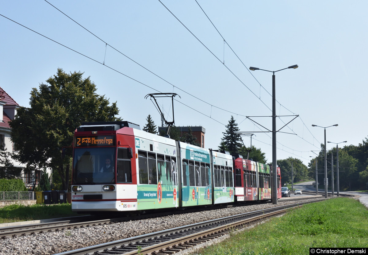 Bild: TW 615+610 als Linie 2 auf der Kranichfelder Straße.