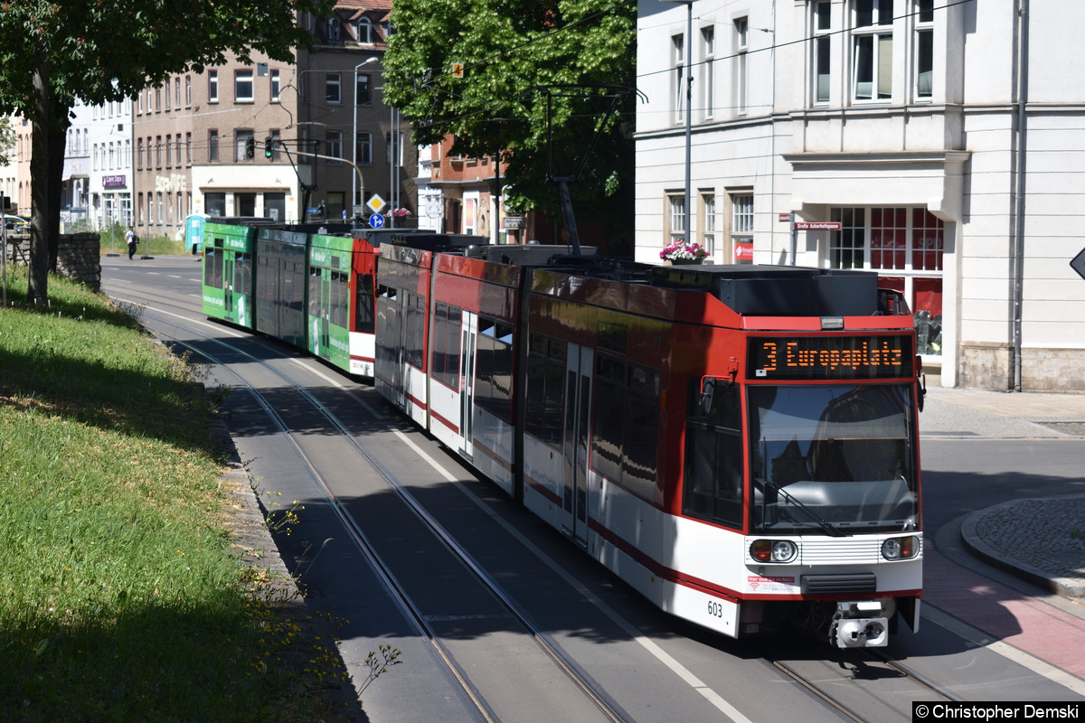 Bild: TW 604+603 als Linie 3 in der Andreasstraße in Richtung Europaplatz.
