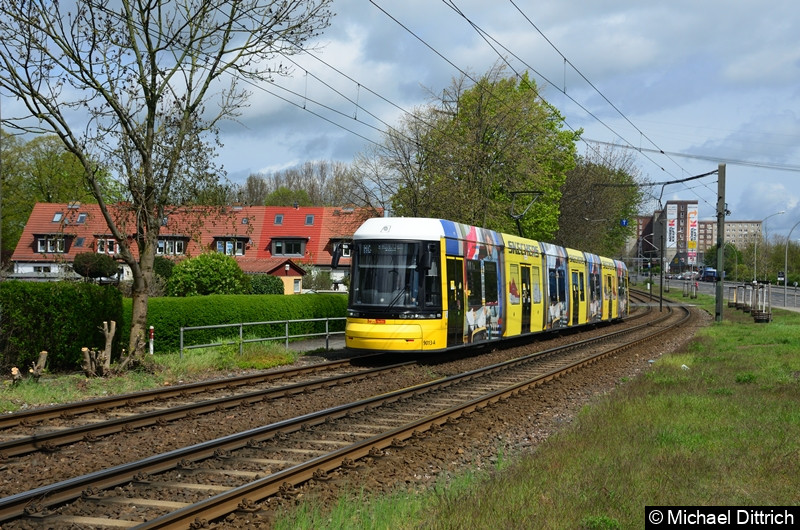 9013 als Linie M6 zwischen den Haltestellen Landsberger Allee/Rhinstr. und Dingelstädter Str. Bild: 9013 als Linie M6 zwischen den Haltestellen Landsberger Allee/Rhinstr. und Dingelstädter Str.