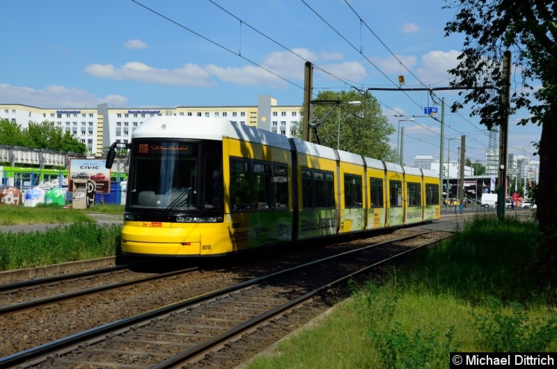 Bild: 8018 als Linie M8 hinter der Haltestelle Allee der Kosmonauten/Rhinstraße.