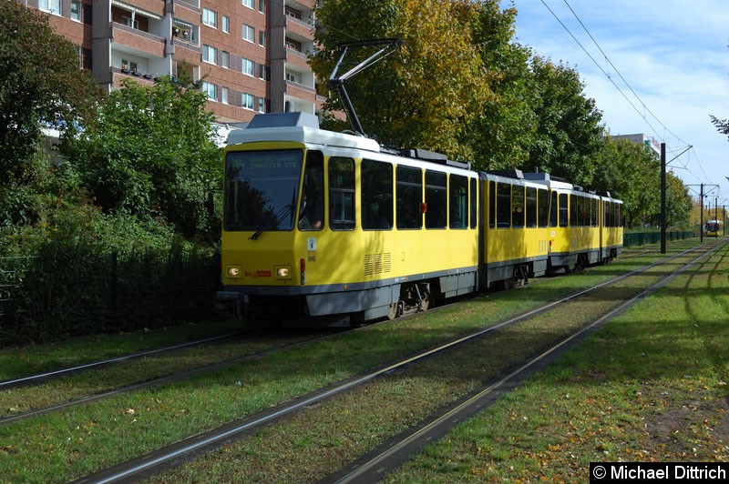 Bild: 6045+6117 als Linie M4 zwischen den Haltestellen Prerower Platz und Ahrenshooper Str.