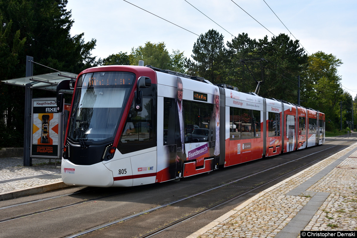 Bild: Tw 805 als Linie 4 am Hauptfriedhof in Richtung Ringelberg.